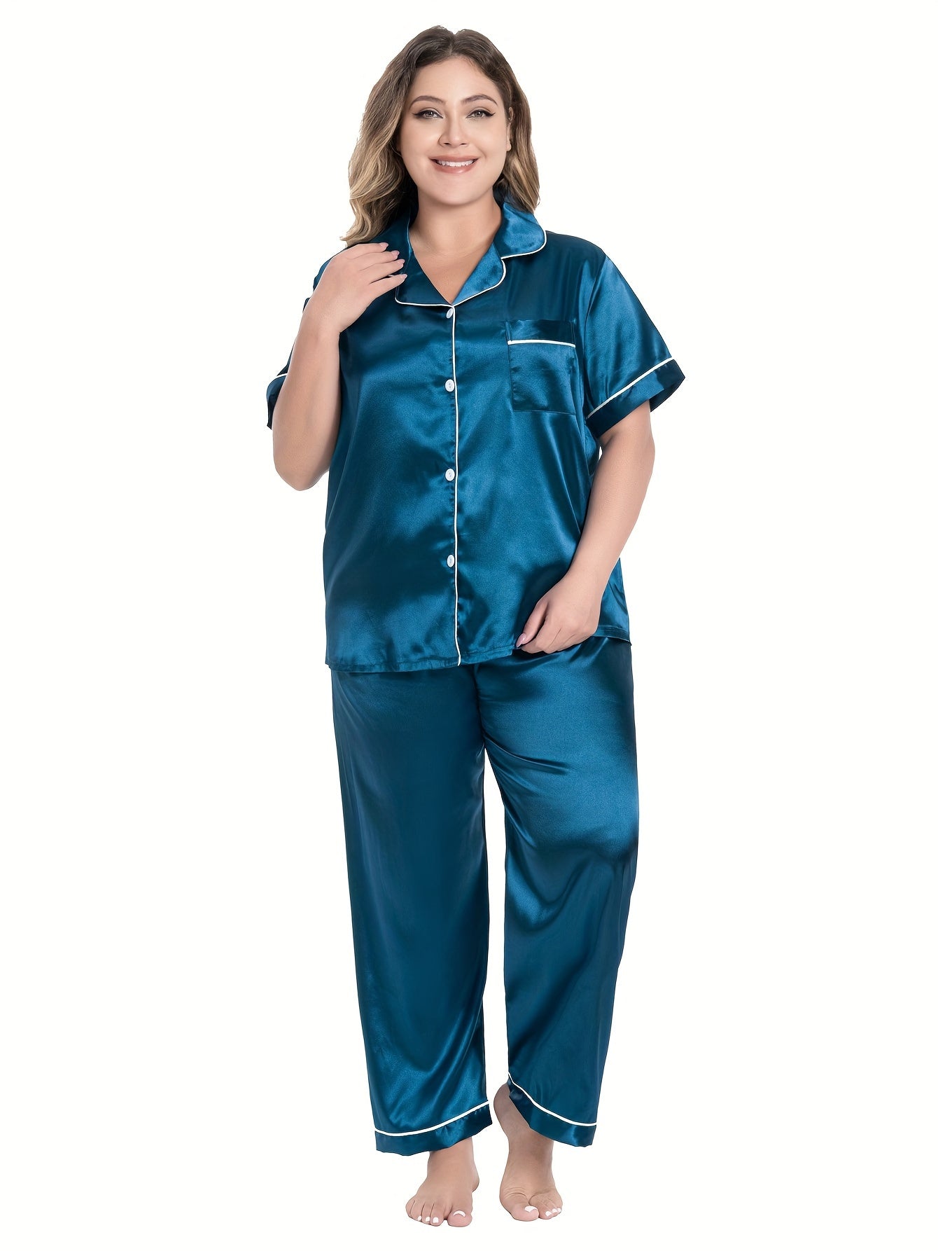 Soft Satin Short Sleeve Pajamas Set