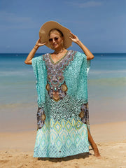  Boho Cover Up Women's Plus Tropical Print Bat Sleeve V Neck