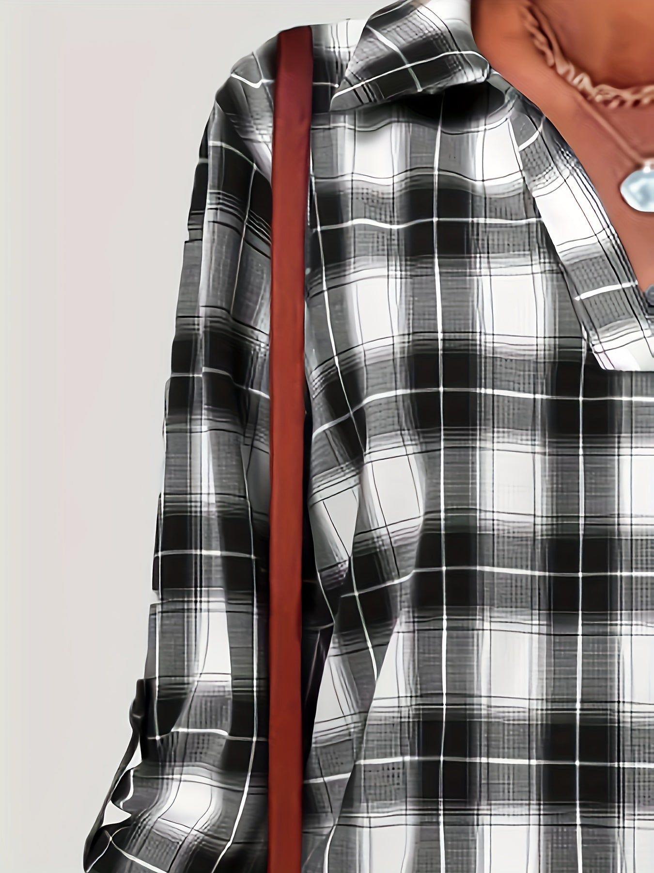  Plaid Print Roll Up Sleeve Button Up Blouse