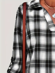  Plaid Print Roll Up Sleeve Button Up Blouse