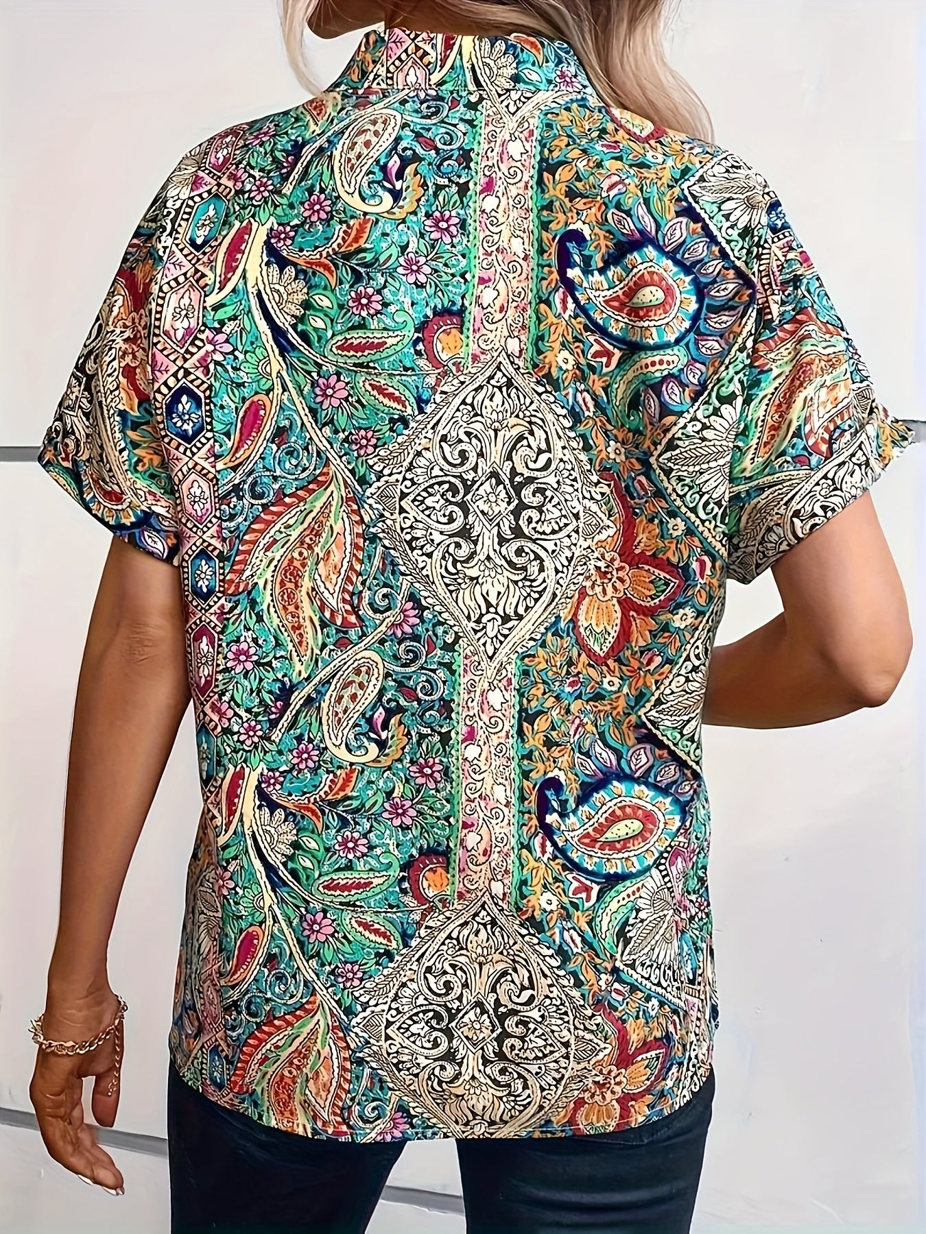  Paisley Print Short Sleeve Boho Blouse
