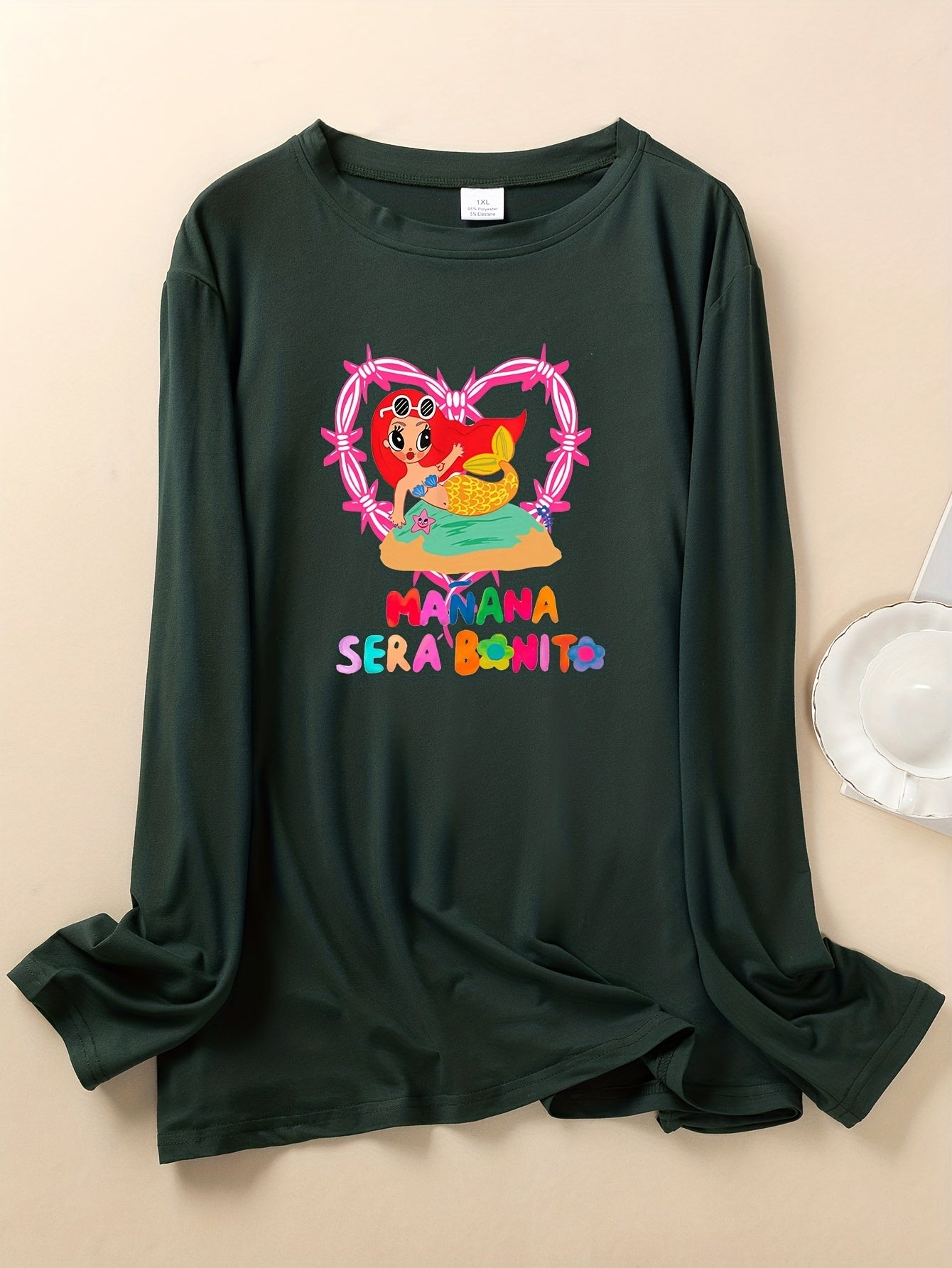  Colorful Letter & Cartoon Figure Print Long Sleeve Round Neck T-shirt