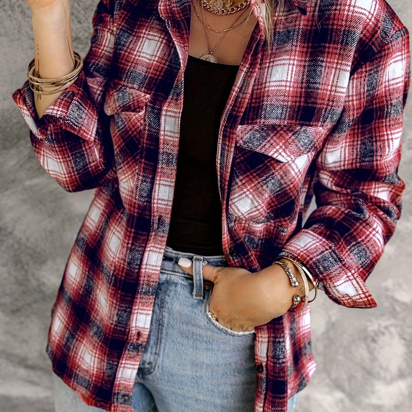  Plaid Print Button Up Long Sleeve Blouse