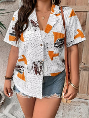  Colorblock Letter Print Button Up Short Sleeve Blouse