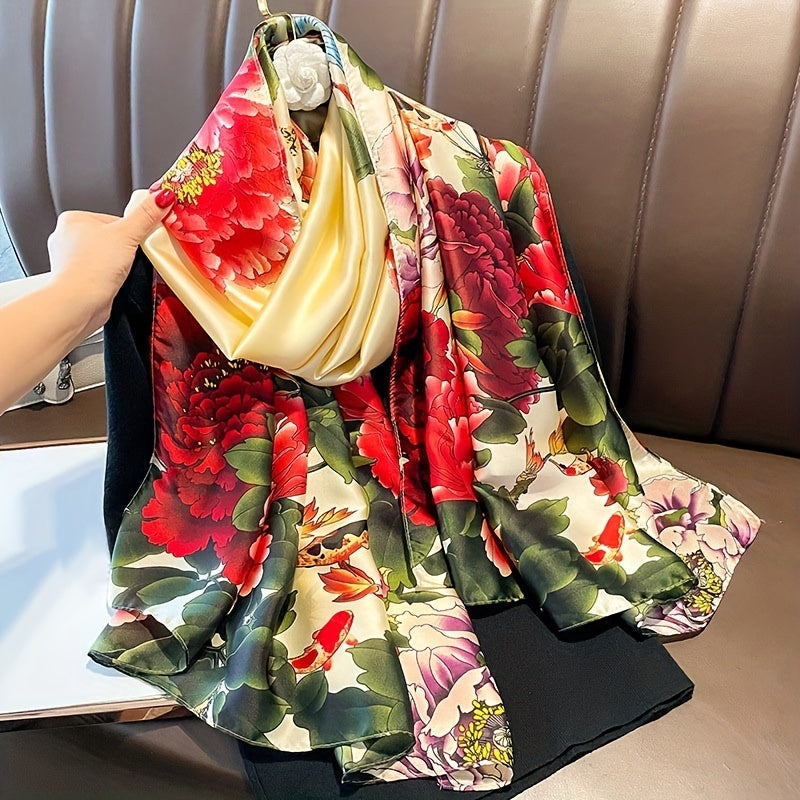 Peony Bird Butterfly Print Scarf Satin Shawl Silk Head Wrap Sunscreen Towel