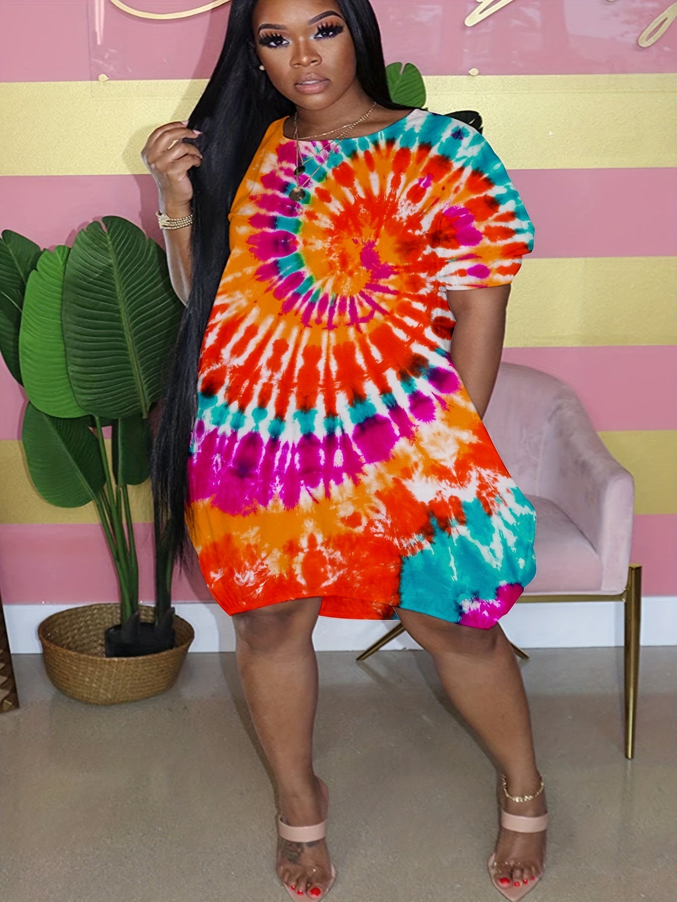  Tie Dye Short Sleeve Dress With Pockets