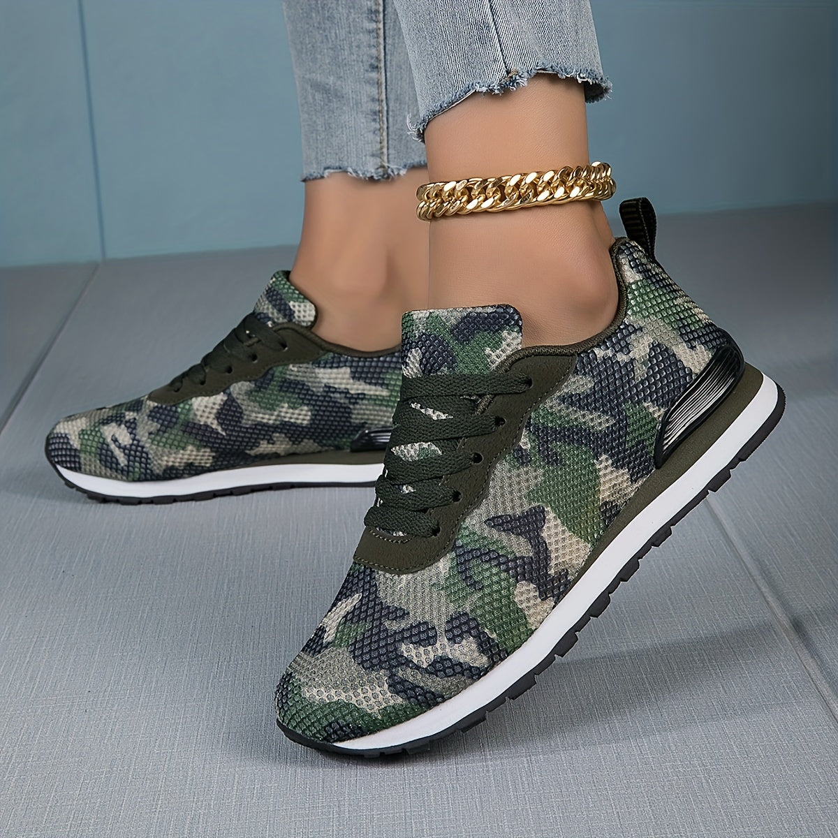 Women's Camo Mesh Sneakers Low Top Flatform Shoes