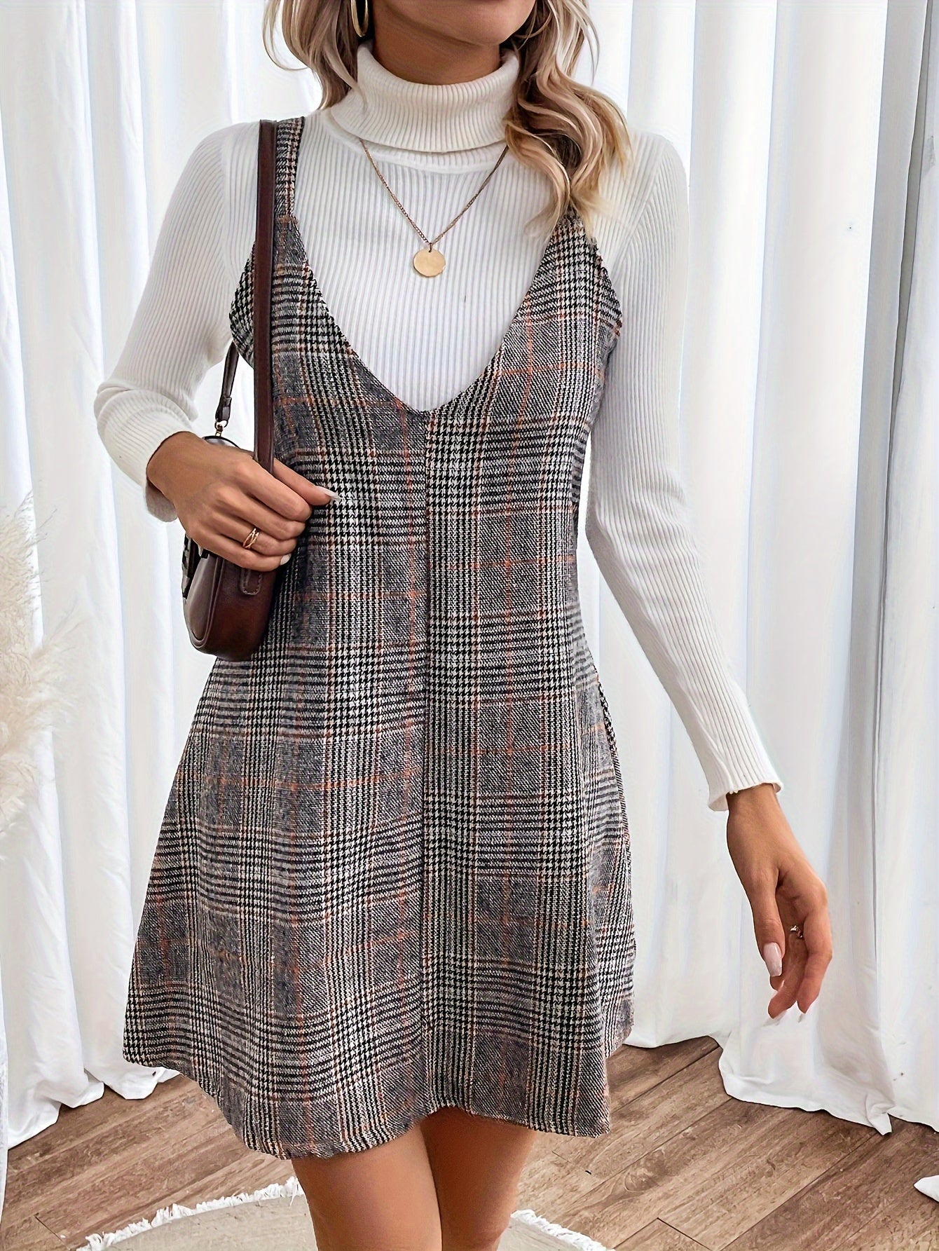  Plaid Print V Neck Mini Overall Dress