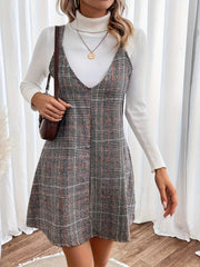  Plaid Print V Neck Mini Overall Dress