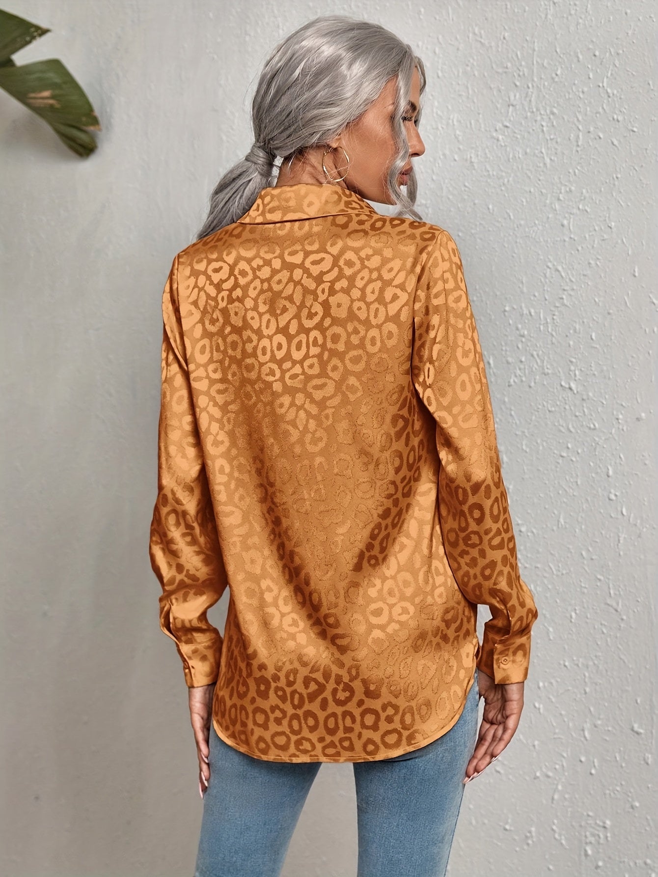  Casual Blouse Women's Plus Solid Leopard Pattern Button Up Long Sleeve
