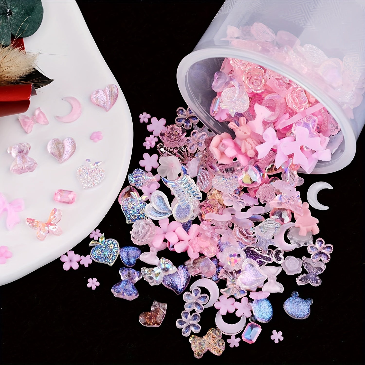 100 pcs Acrylic Nail Charms Butterfly Bear Flower Heart Crown Star Rhinestones