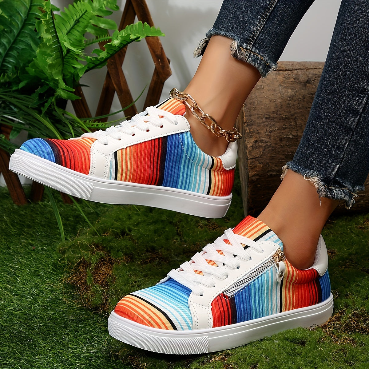 Colorful Striped Sneakers Low Top Canvas Shoes