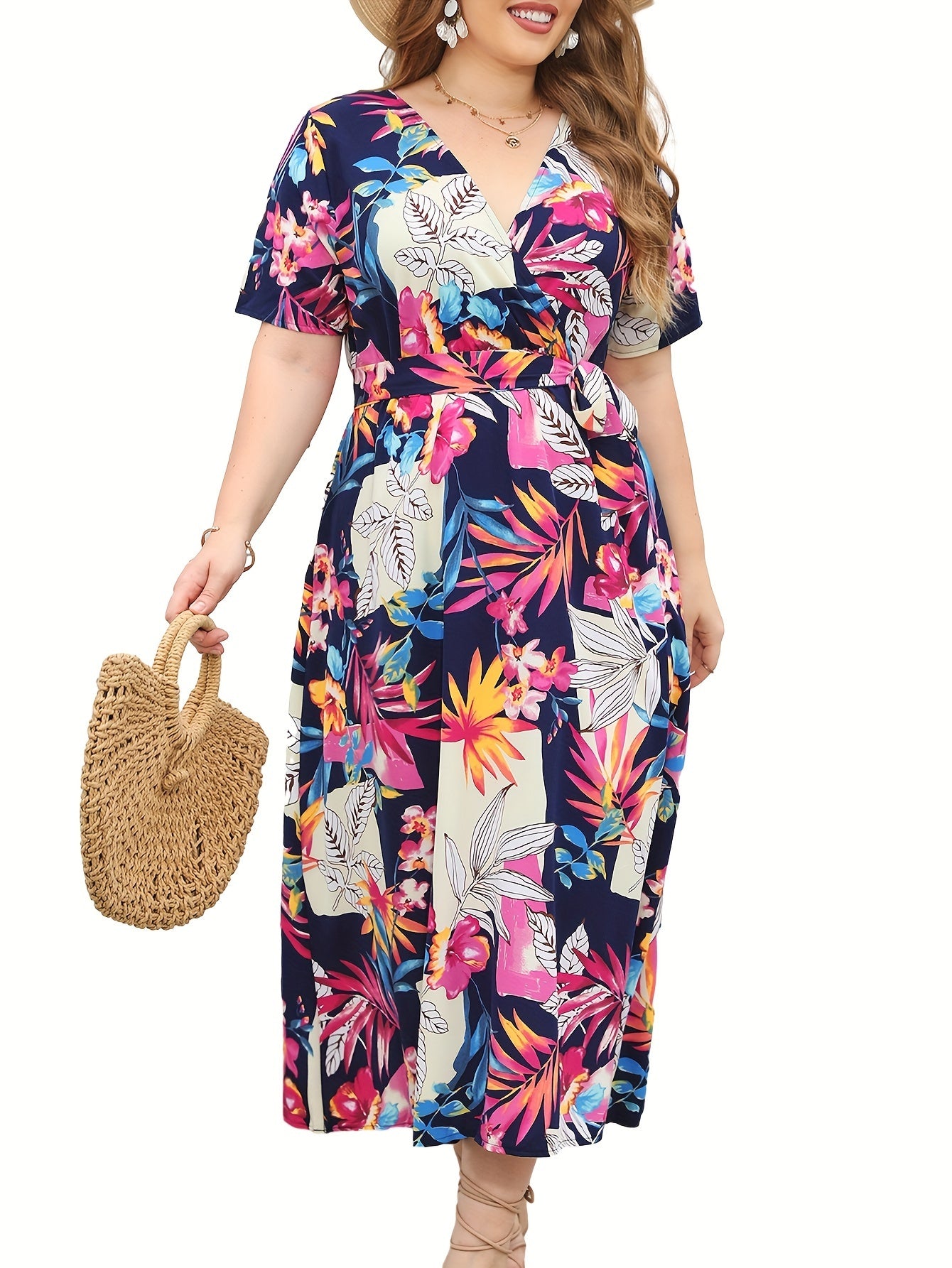  Leaf Print Short Sleeve Dress