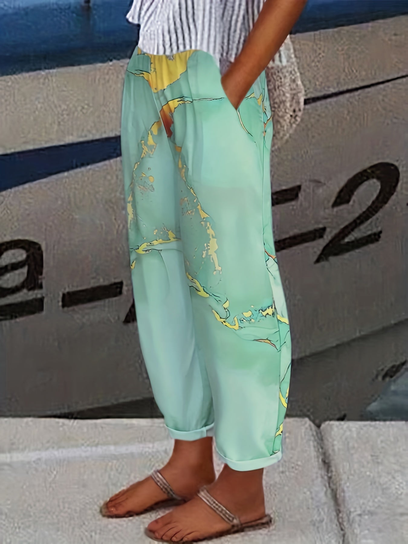 Women's Plus Marble Print High Rise Straight Leg Pants