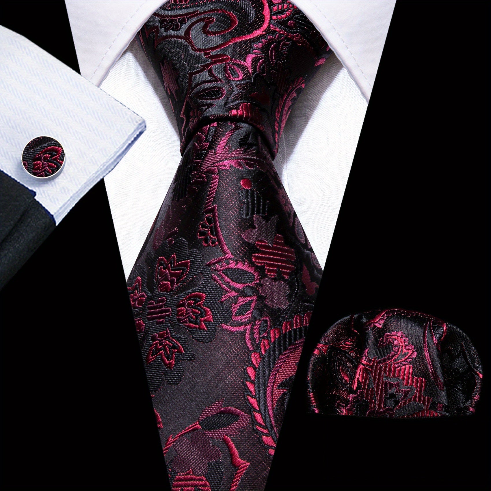 Barry Wang Men's Tie Dark Jacquard Paisley Set