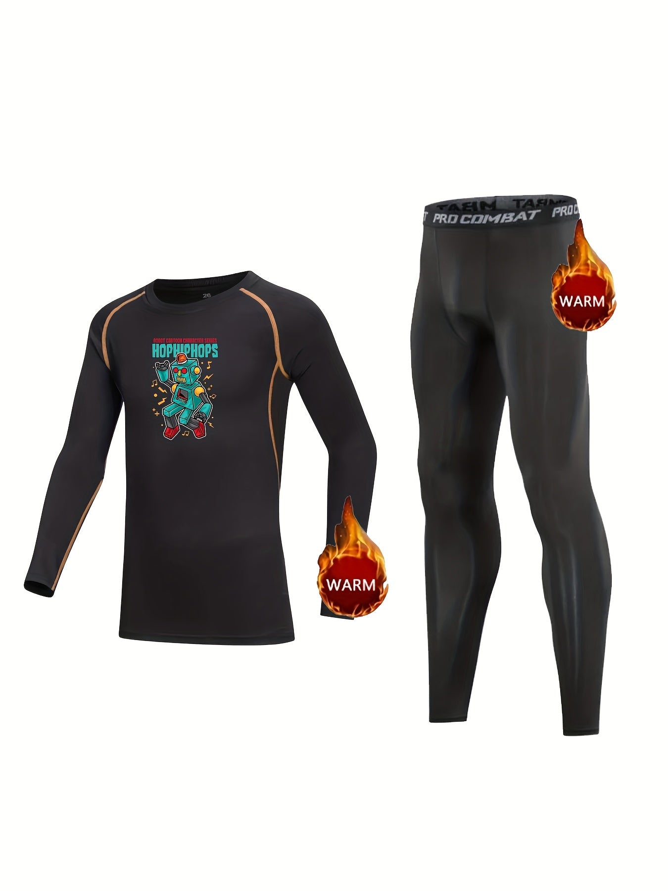 Kids Compression Fleece Sets Robot Pattern Crew Neck Pullover Matching Pants