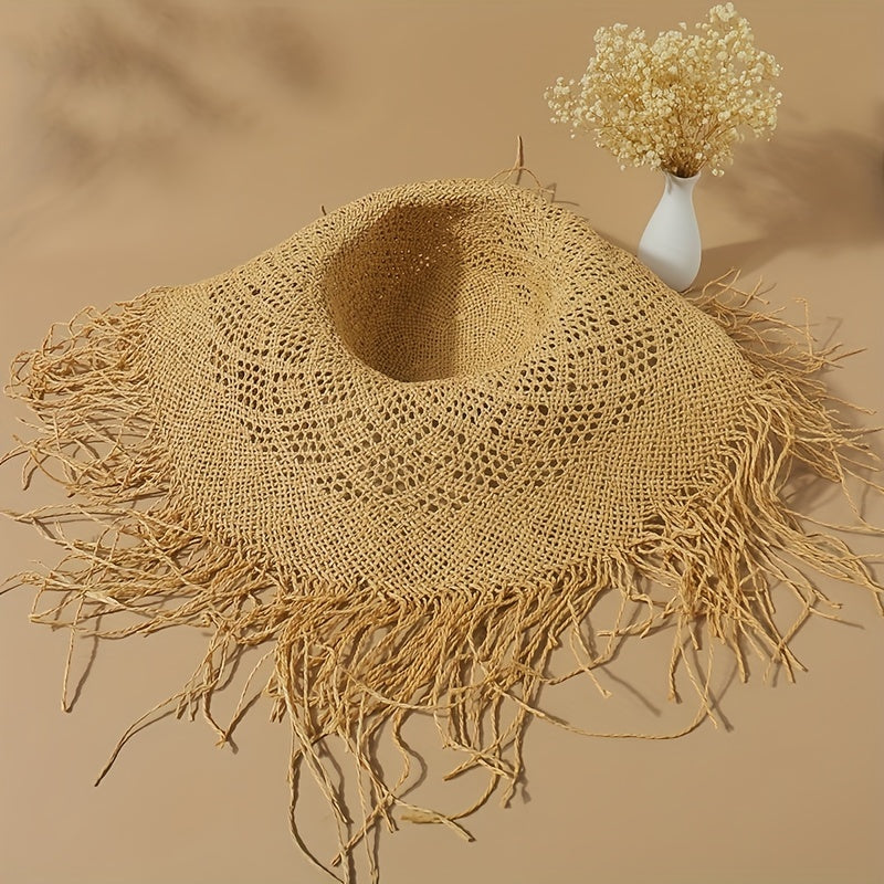 Boho Oversized Straw Sun Hat Raw Brim Beach Hats For Women Summer