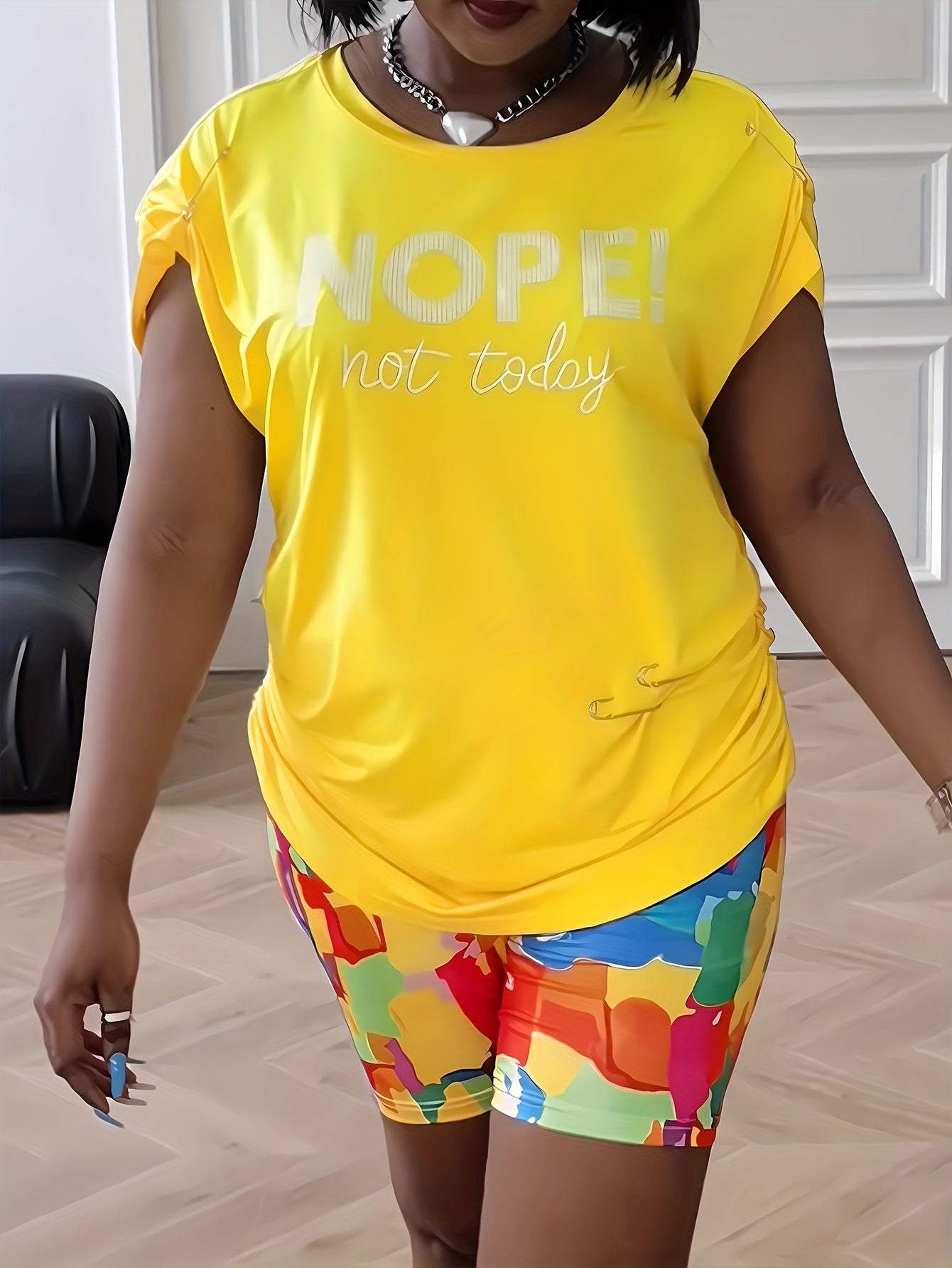 Women's Plus Letter Print Tee & Tie Dye Shorts Set