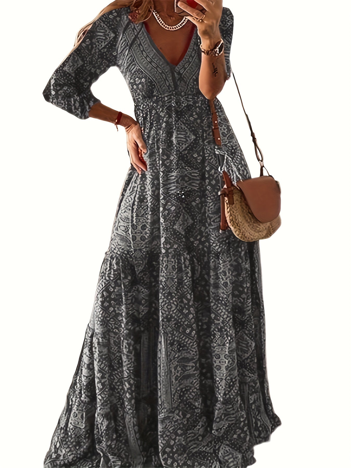  Ditsy Floral Print Long Sleeve V Neck Maxi Dress