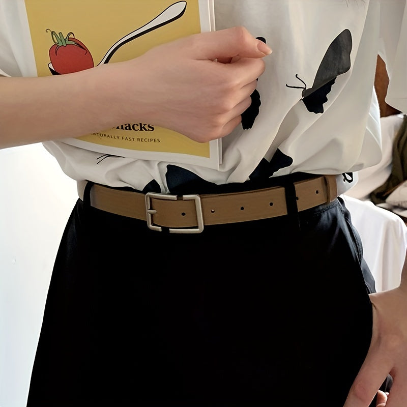 Rectangular Buckle Belt Casual Solid PU Belt For Women