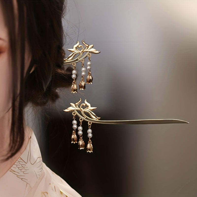 Vintage Flower Hairpin with Faux Pearl Pendant Hair Stick