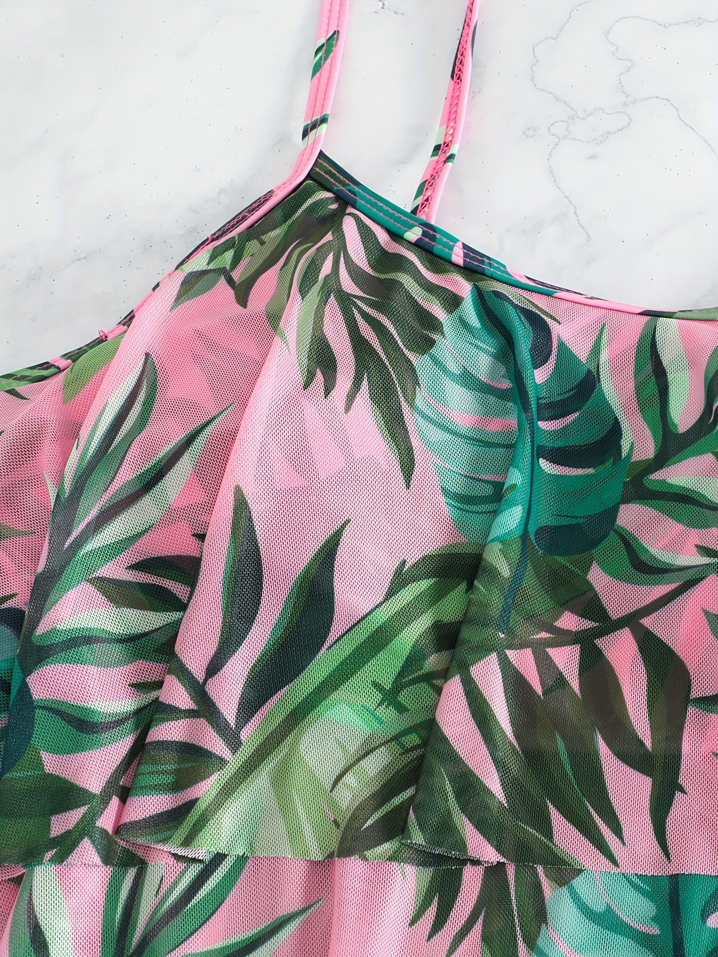  Boho Tankini Set Tropical Print Ruffle Trim Cami Top & Panty Swimsuit