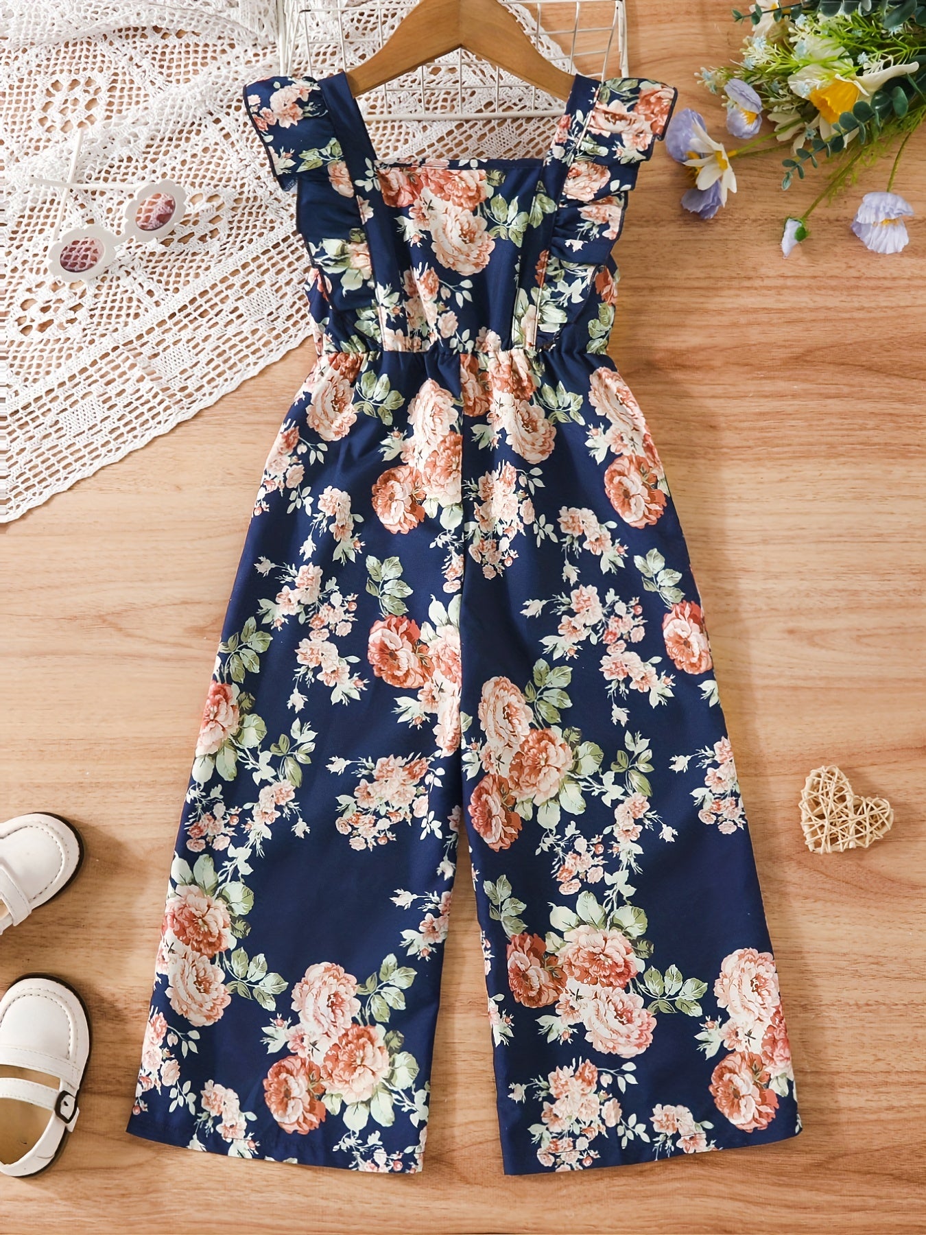Girls' Butterfly Sleeves Floral Print Wide Leg Jumpsuit