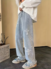 Vintage Cross Pattern Men's Distressed Jeans