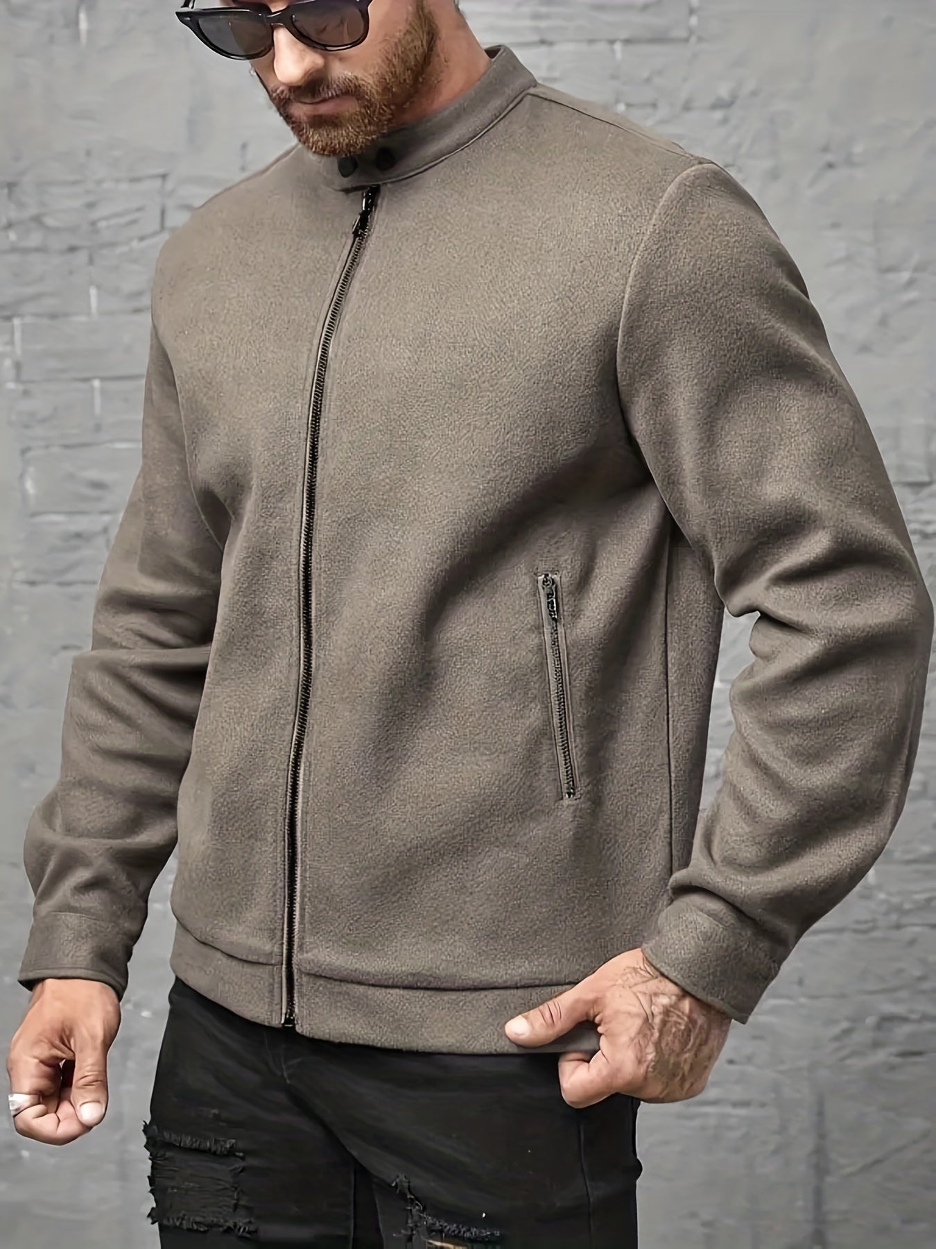 Men's PU Jacket Stand Collar Zip-Up Faux Leather