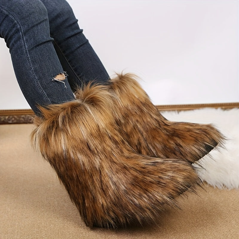 Women's Fleece Lined Snow Boots Slip on Platform Mid Calf Boots