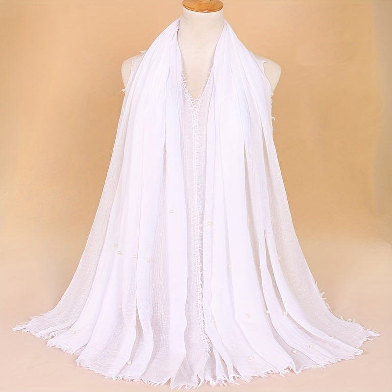 Solid Hijab Faux Pearl Decor Scarf Frayed Edge Shawl