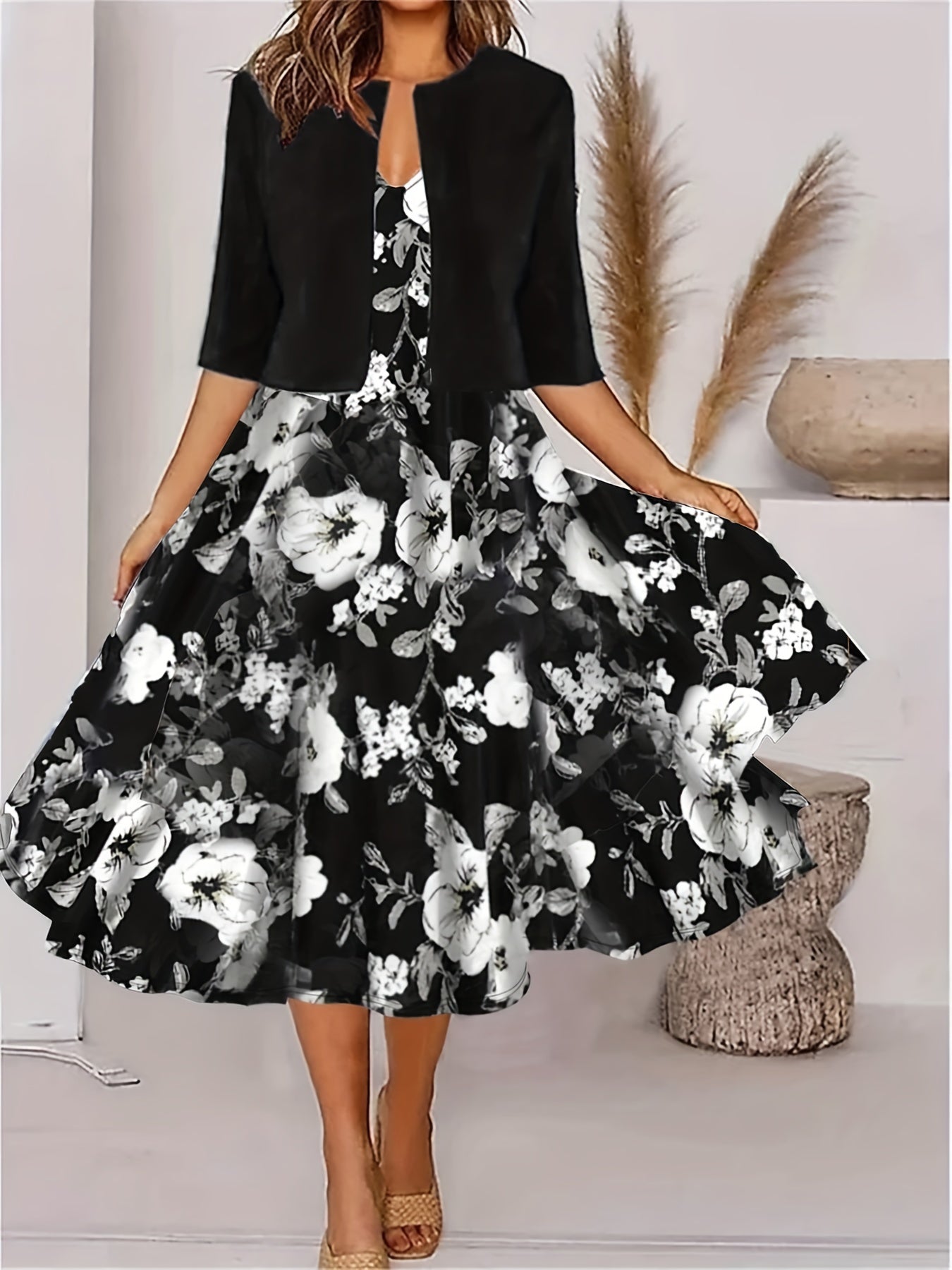  2 Piece Set Women's Cardigan & Floral Dress