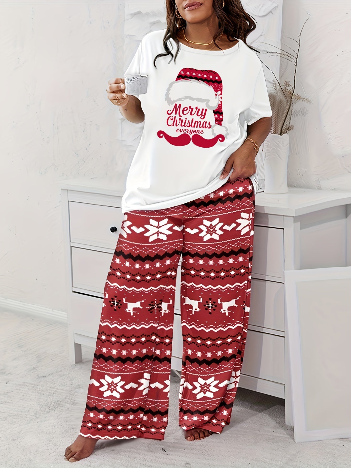  Christmas Tree Print Tee & Pants Pajama Set