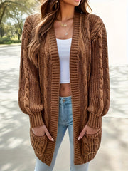 Ribbed Knit Open Front Cardigan with Pockets