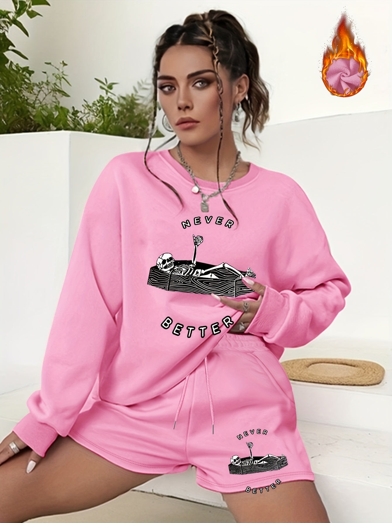  Halloween 2pcs Set Women's Plus Graphic Print Sweatshirt & Shorts