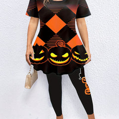  Gothic Halloween Outfit Set Women's Pumpkin & Geo Print Top & Leggings