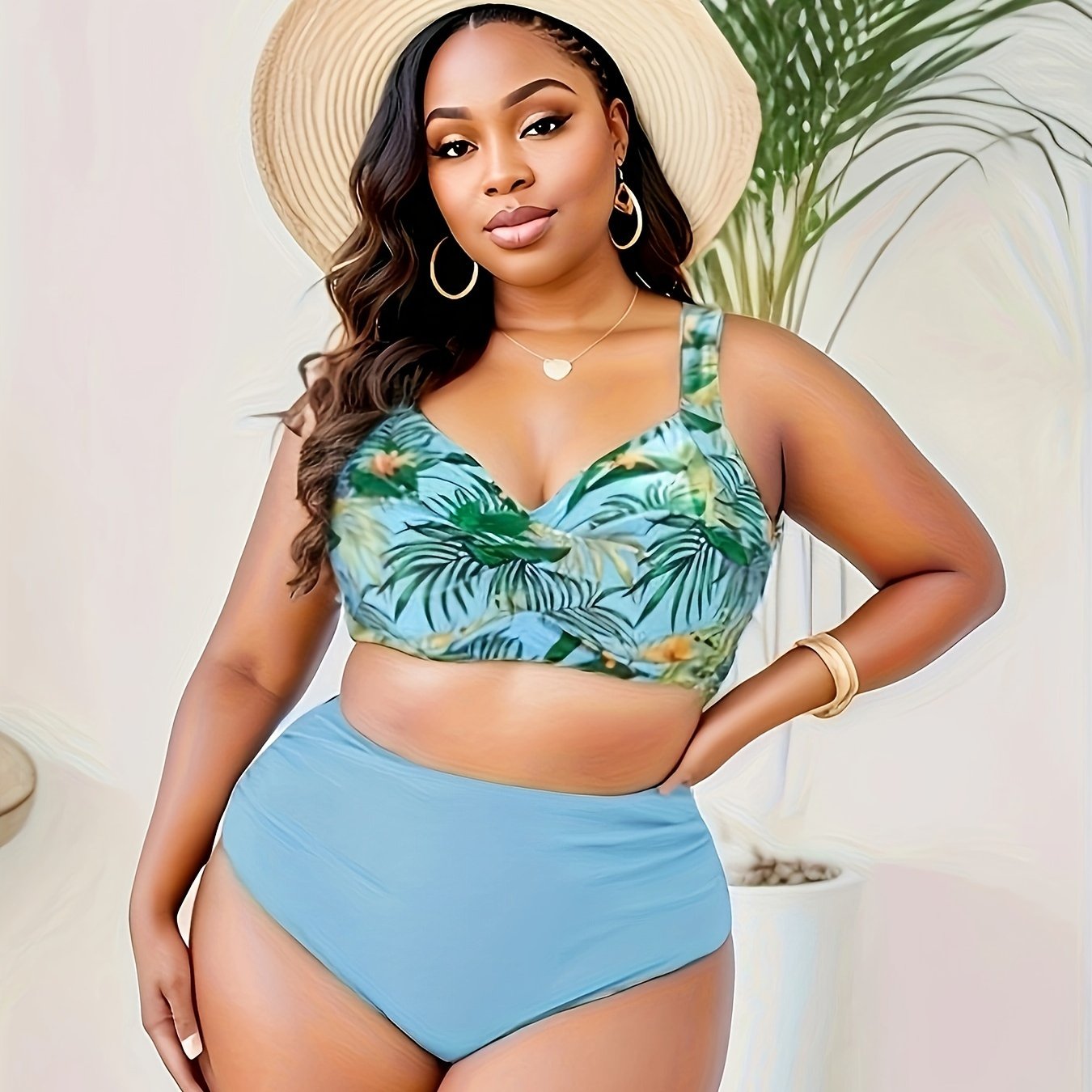  Tropical Print Bikini Set: Cross Front Racer Back Bra & Panty