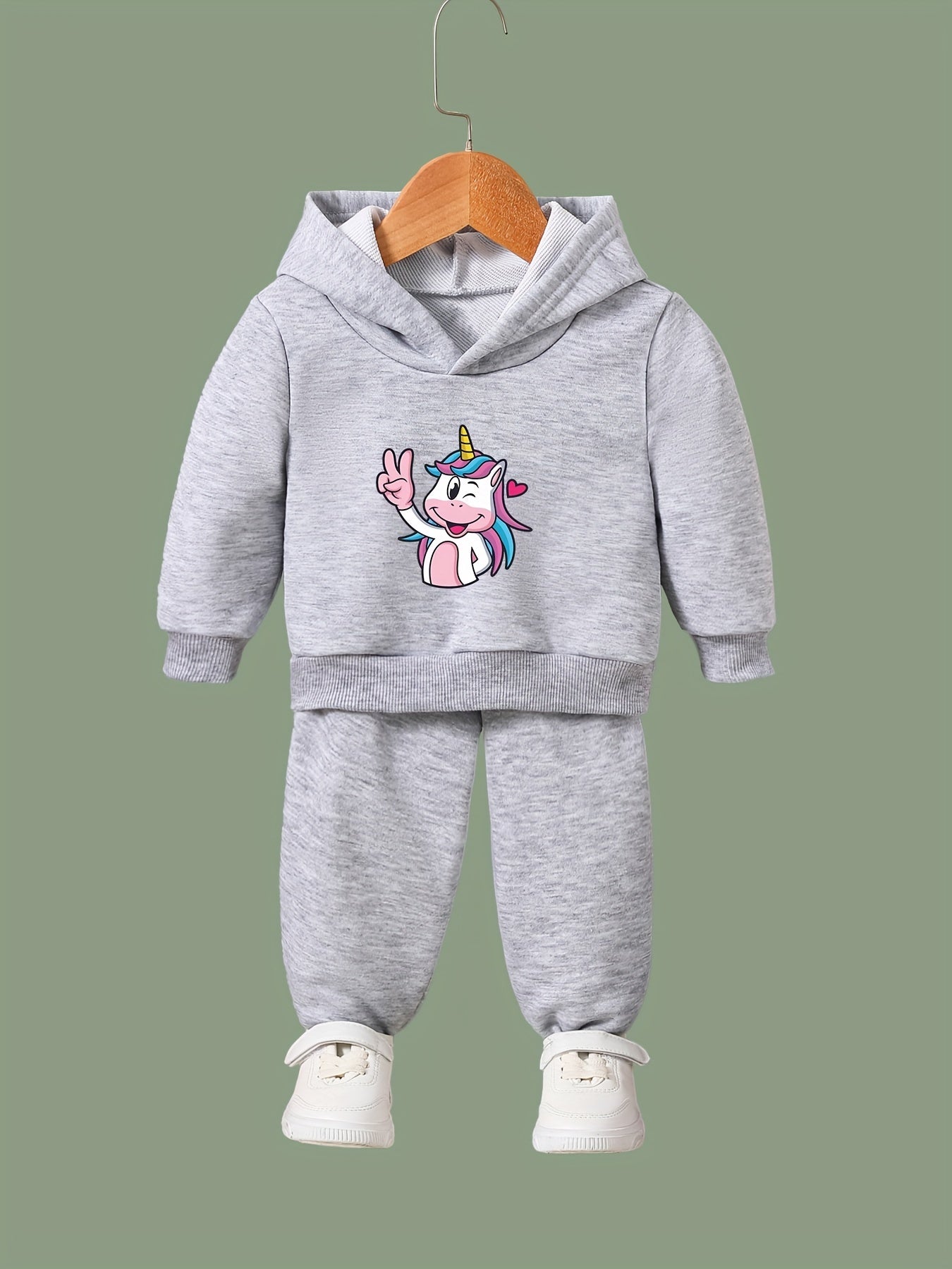 Cartoon Unicorn Hooded Pullover Pants Set For Sports Spring Fall