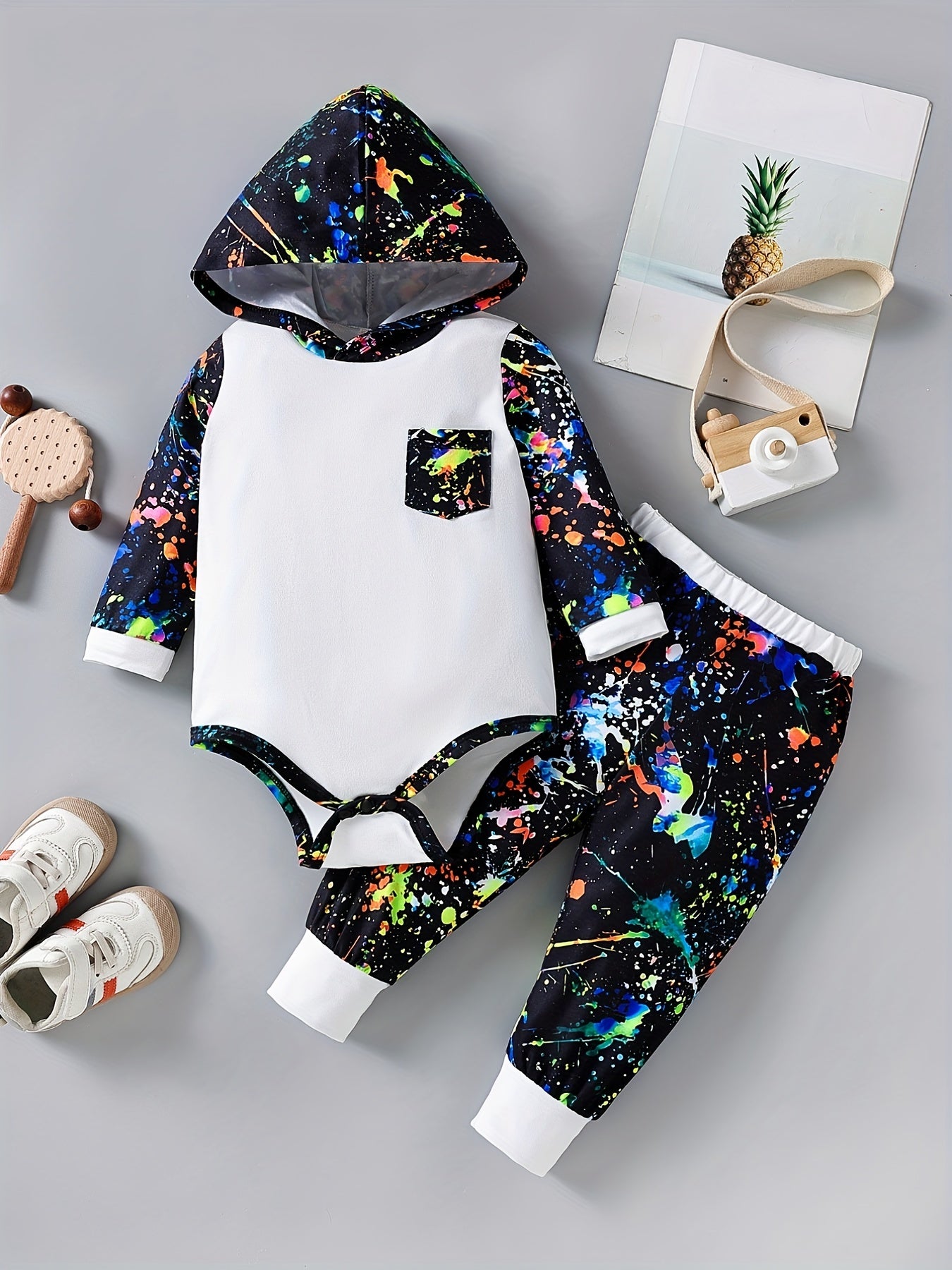 Baby Boy's Graffiti Print Triangle Hoodie Romper & Pants