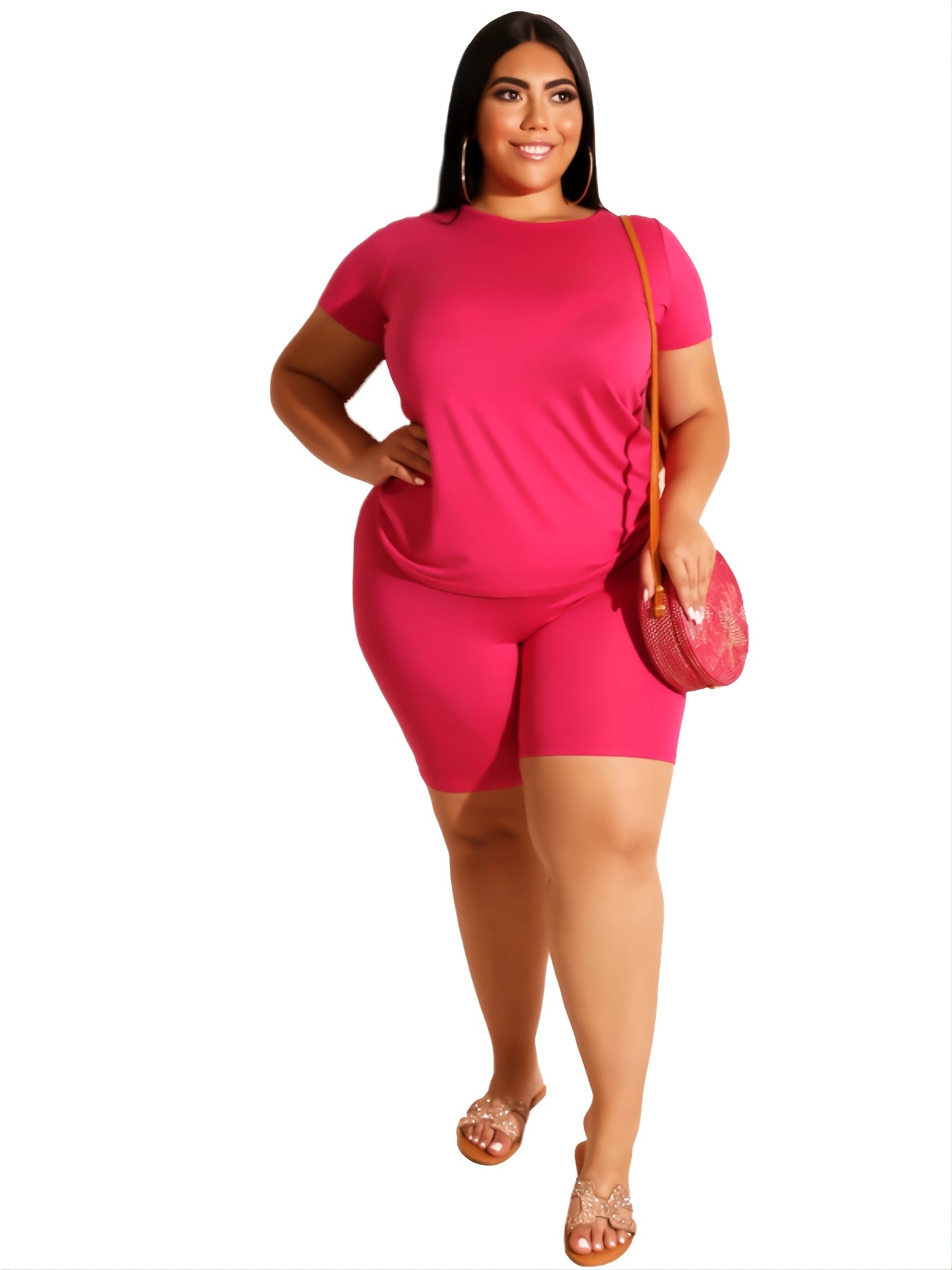  Solid Top & High Waist Skinny Shorts Set Women's Plus Co ords