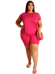  Solid Top & High Waist Skinny Shorts Set Women's Plus Co ords