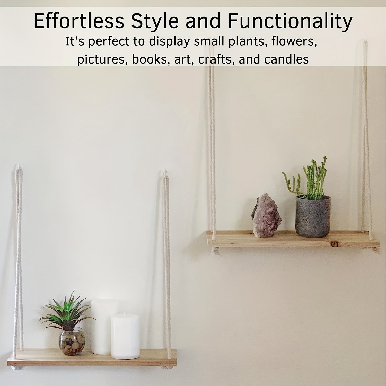 Wooden Macrame Rope Shelf Natural Light Reclaimed W