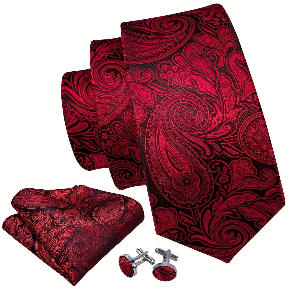 Burgundy Red Paisley Plaids Necktie Set