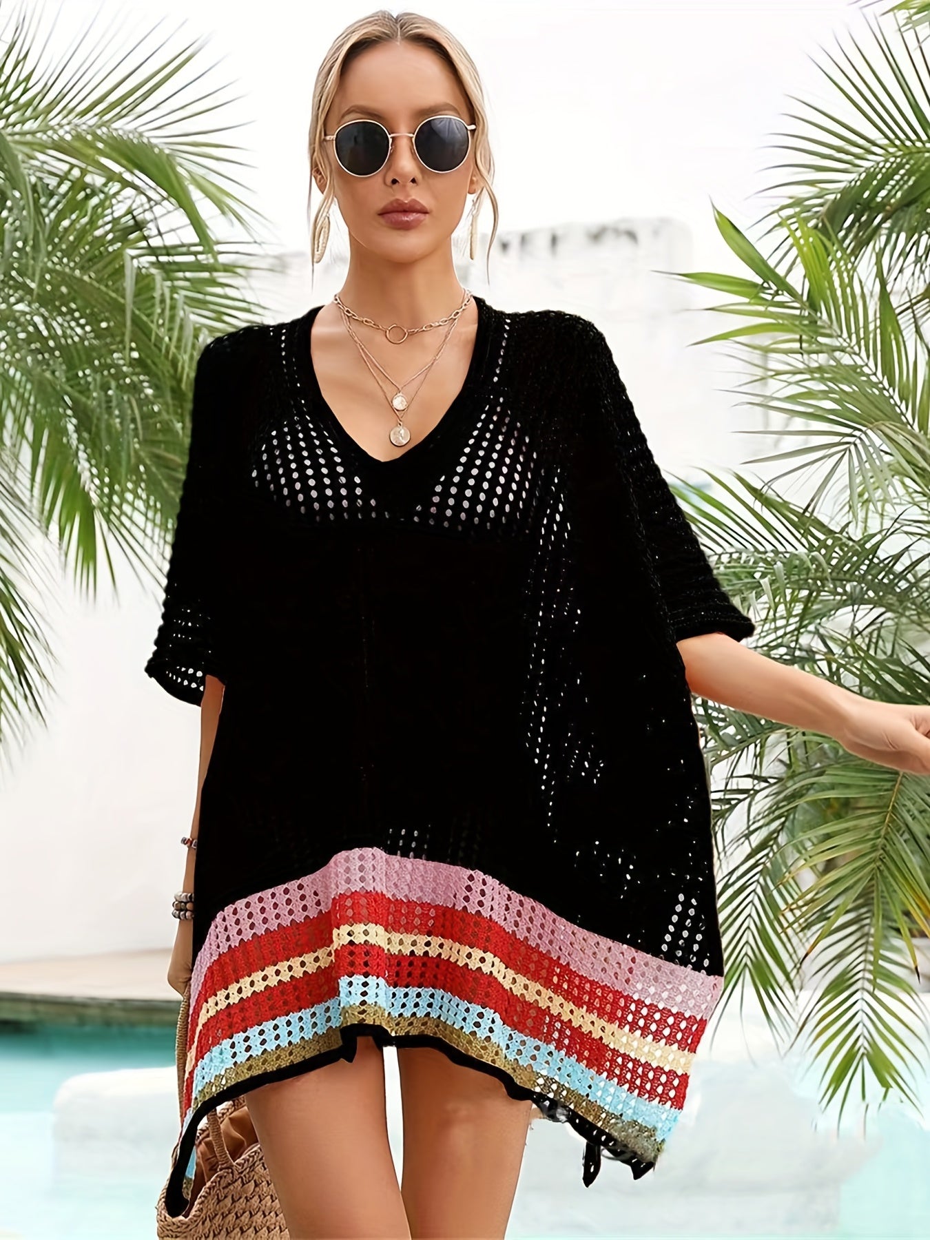 Sexy Cover Up Women's Plus Striped Batwing Sleeve V Neck