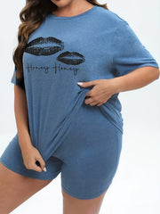  Lips Print Tee & Biker Shorts Pajama Set