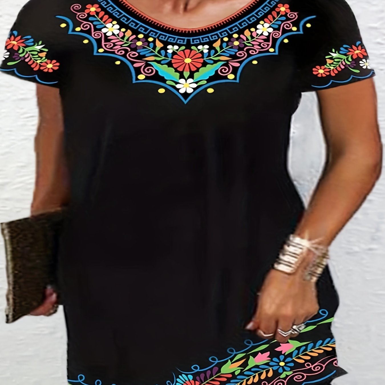  Boho Dress Women's Plus Floral Print Short Sleeve Dress
