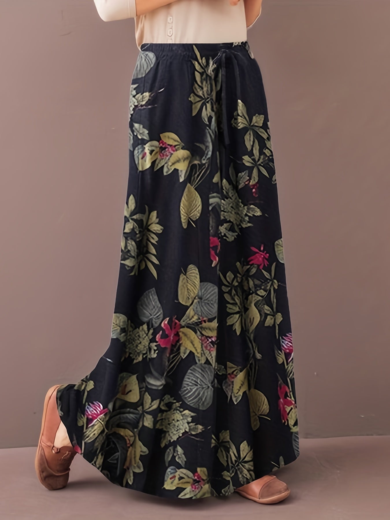  Pants Women's Plus Floral Print Elastic Drawstring Wide Leg Pants