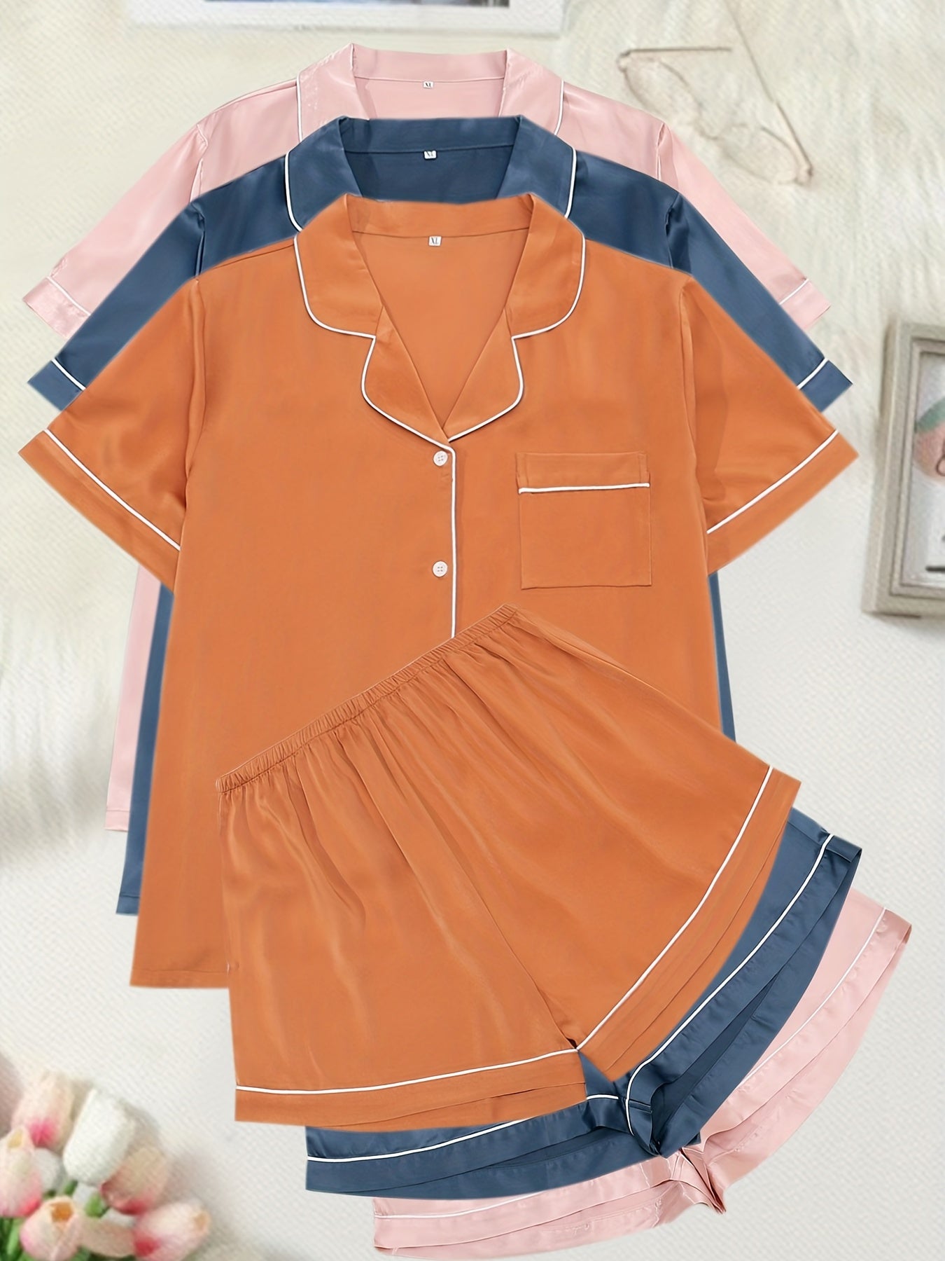 6 Pack Plus Size Pajama Set Women's Plus Short Sleeve Button Up Shirt & Shorts