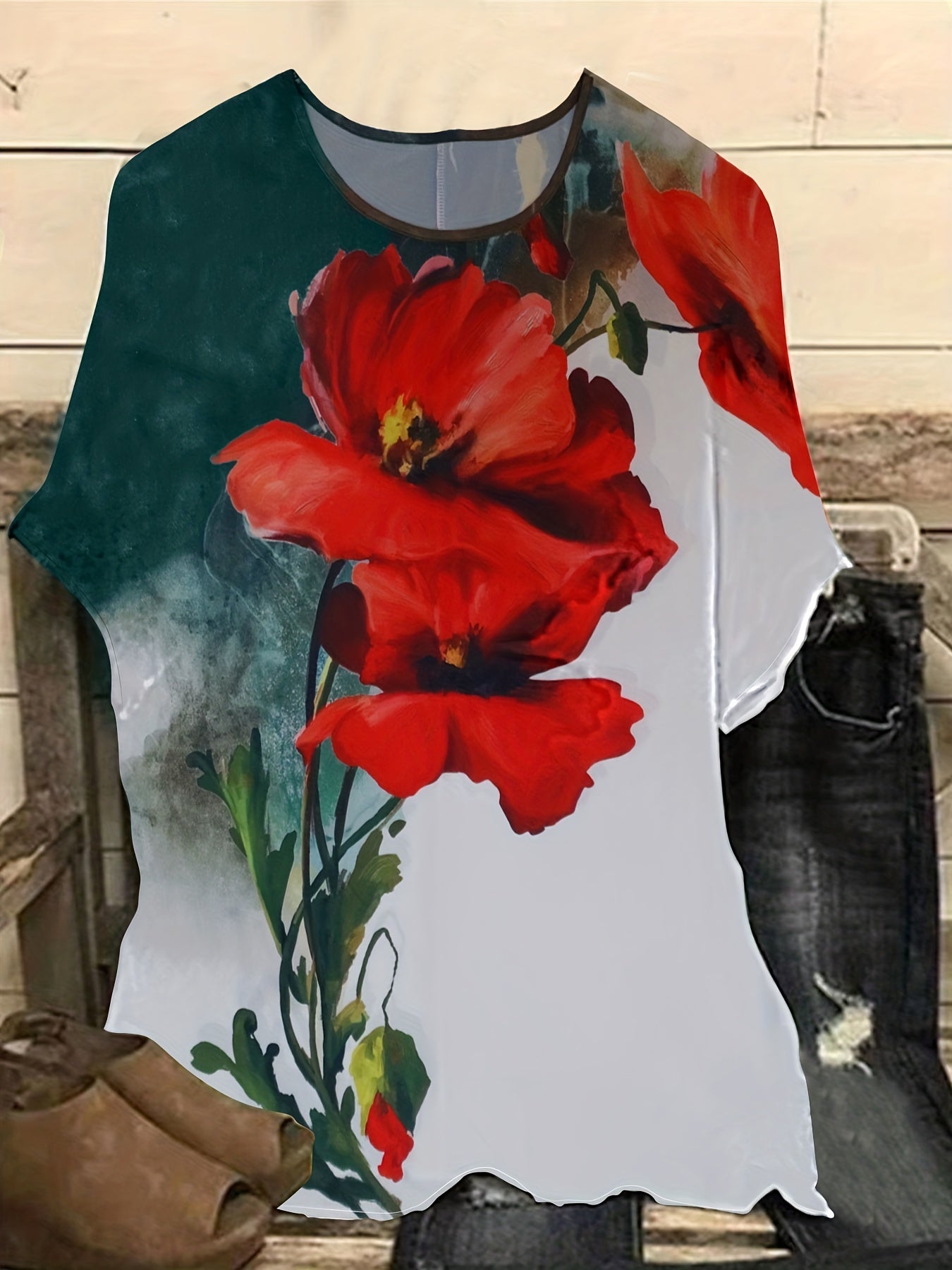  Floral Print Short Sleeve Round Neck T-shirt