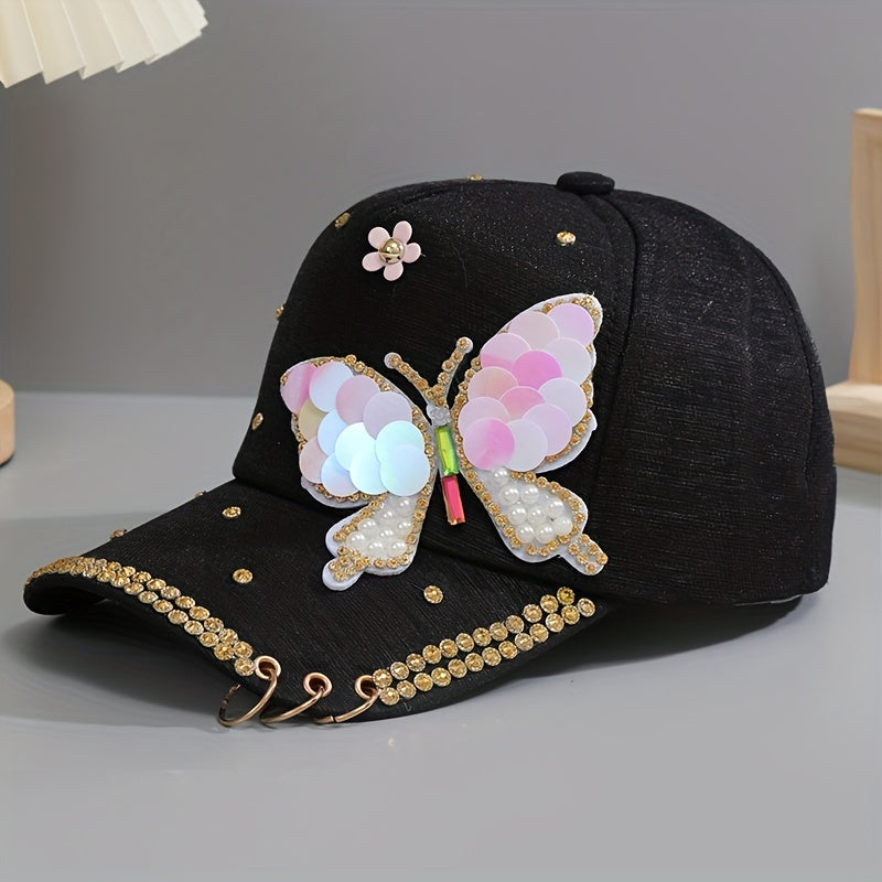 Y2K Butterfly Baseball Cap Rhinestone Sequin Pearl Cotton Hat